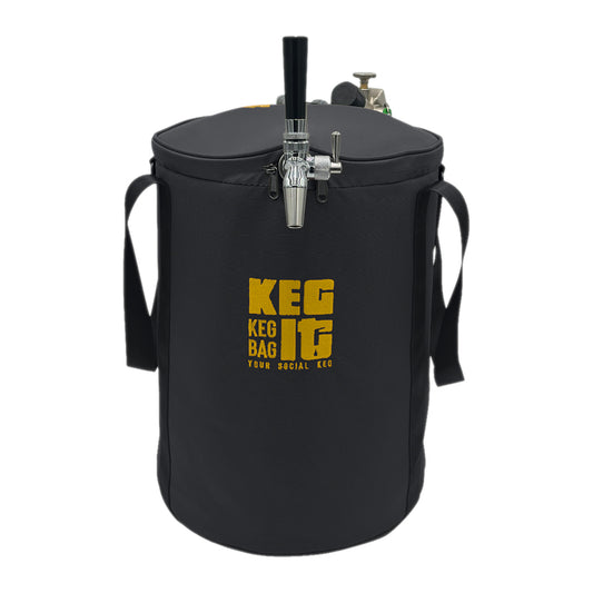 The Keg It Premium Keg Kit - A black portable keg cooler bag with the Keg It brand logo in gold, equipped with a tap and handles on the sides.