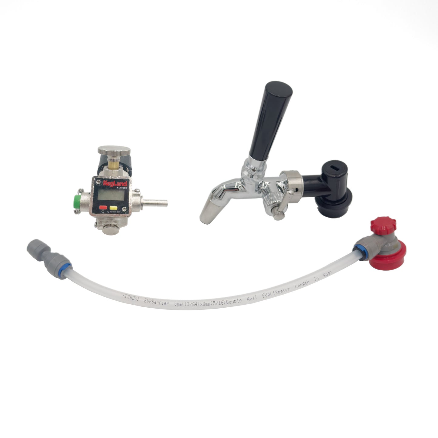 An assortment of beer keg tapping equipment including gas and liquid connectors, tubing, and a premium tap assembly.