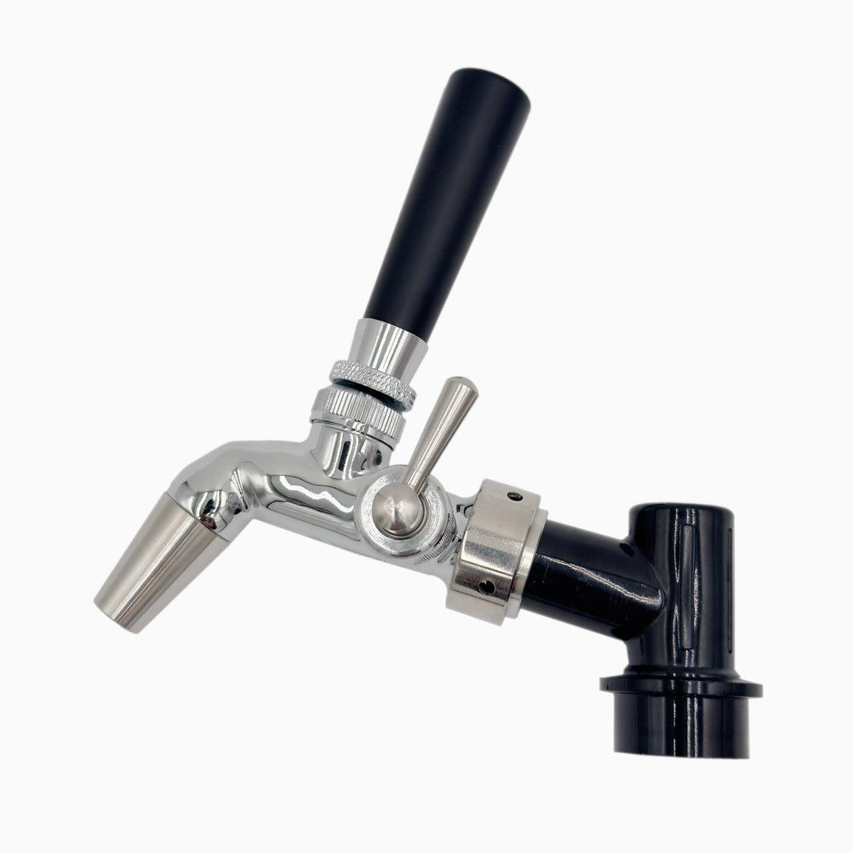 Stainless steel flow-control tap with black tap handle