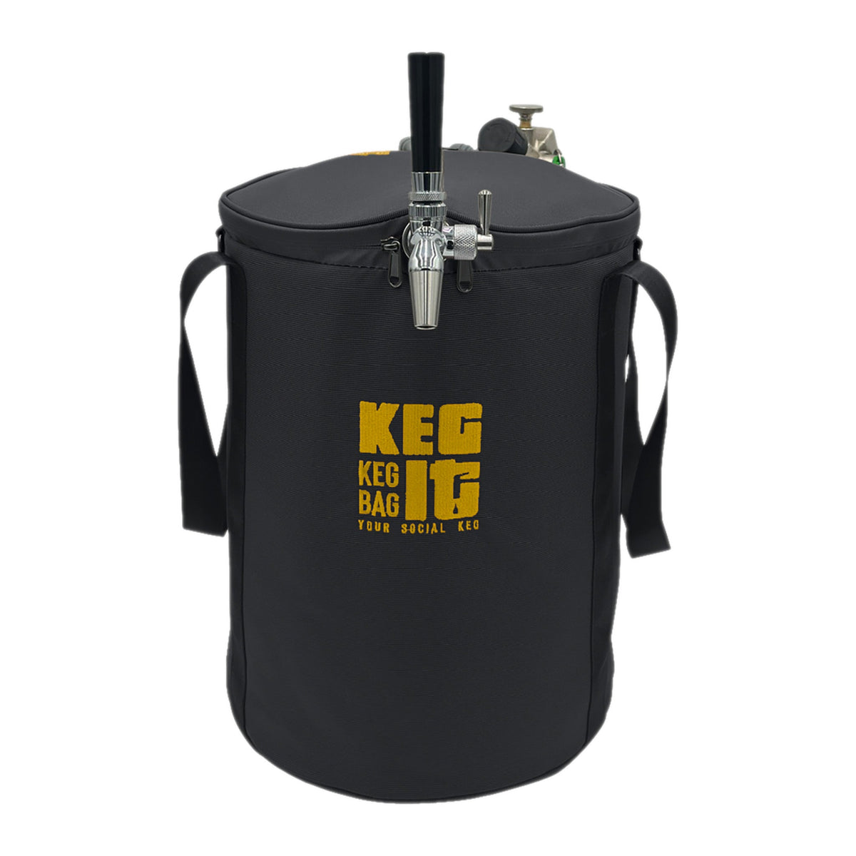 Keg It Keg Kit Ready to Pour in Black & Gold, an insulated keg bag with a stainless flow-control tap