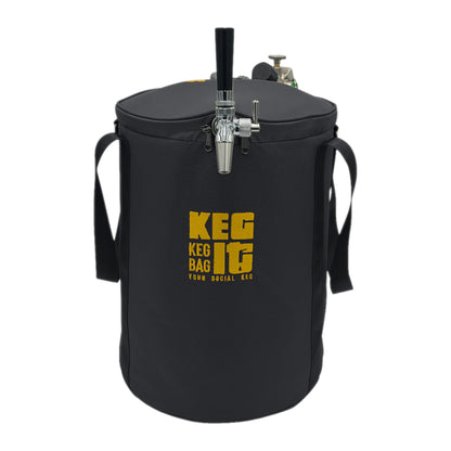 Keg It Keg Kit Ready to Pour in Black & Gold, an insulated keg bag with a stainless flow-control tap