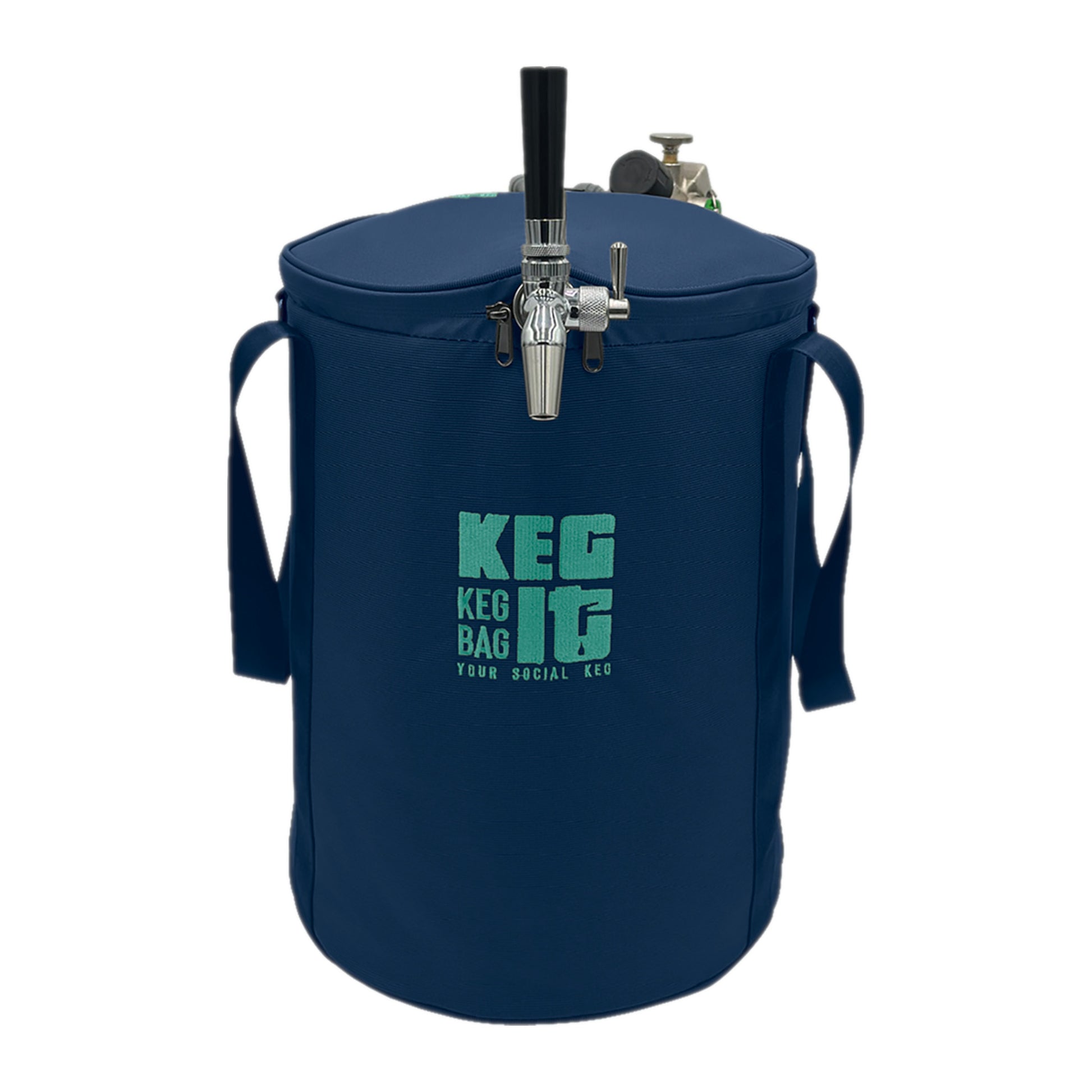 The Keg It Premium Keg Kit - A navy blue portable keg cooler bag with the Keg It brand logo in teal, equipped with a tap and handles on the sides.