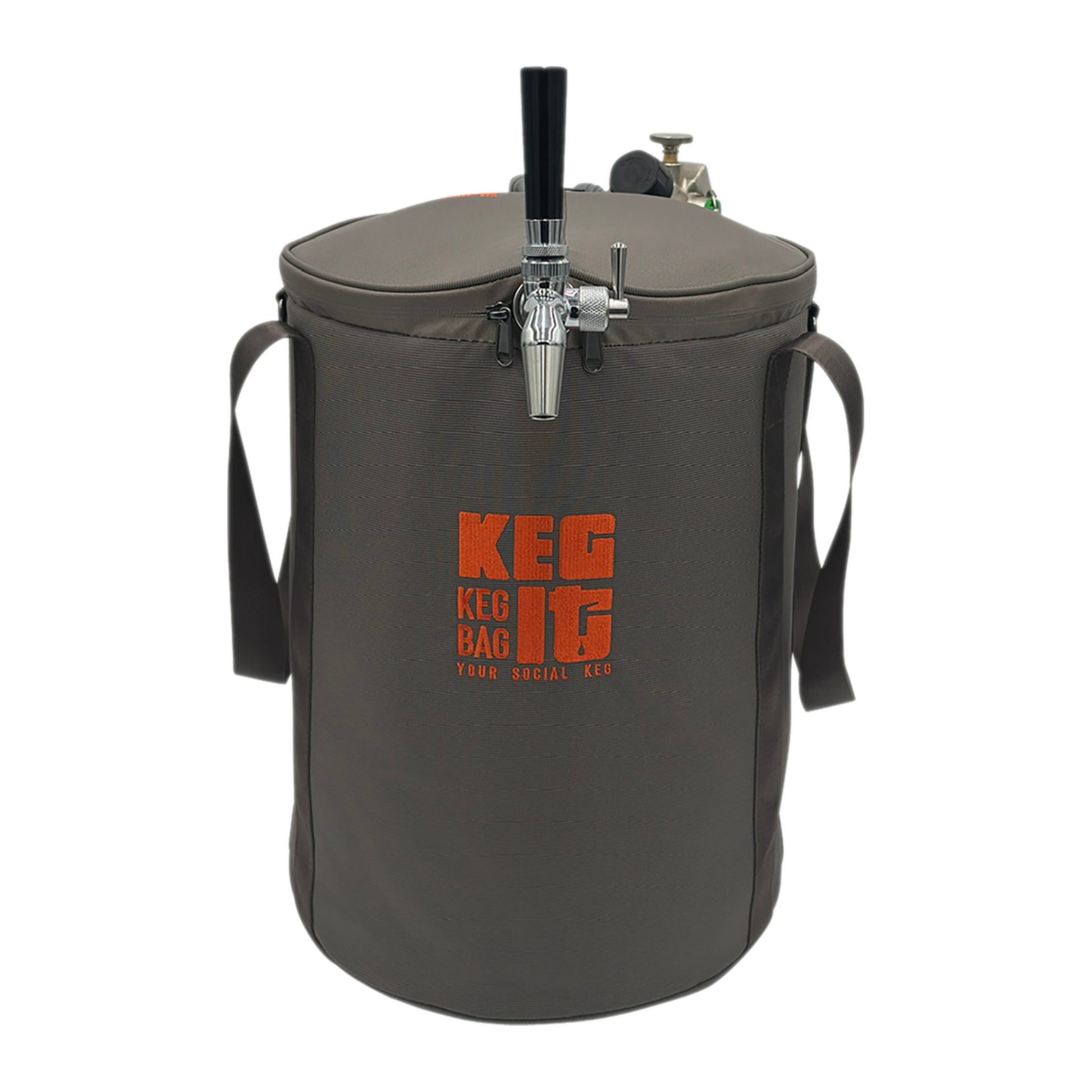 The Keg It Premium Keg Kit - A grey portable keg cooler bag with the Keg It brand logo in orange, equipped with a tap and handles on the sides.