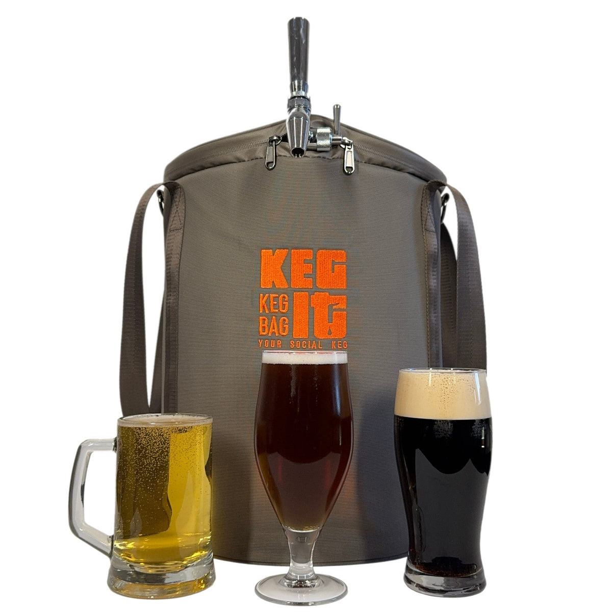 Keg It Keg Kit with three beers poured from the tap
