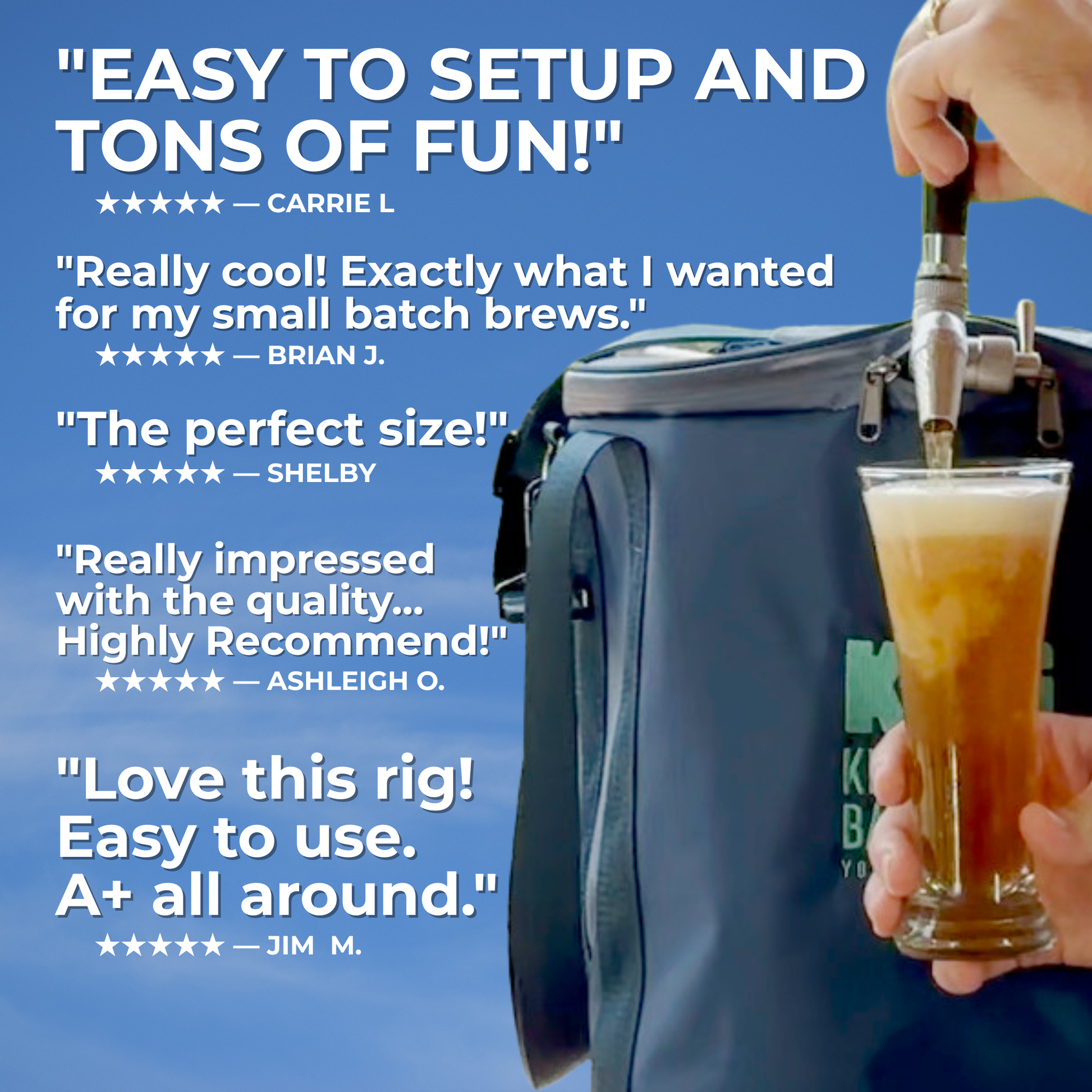 Reviews for the Keg It Premium Keg Kit, a portable mini keg system that uses 410g CO2 bottles to keep beer fresh and a leak proof insulated cooler to keep drinks, beer, cocktails, sodas, mocktails, cider, sparkling water cold using ice and pouring perfectly with a stainless steel flow control tap system that connects onto the ball lock 2.5 gallon corny keg.